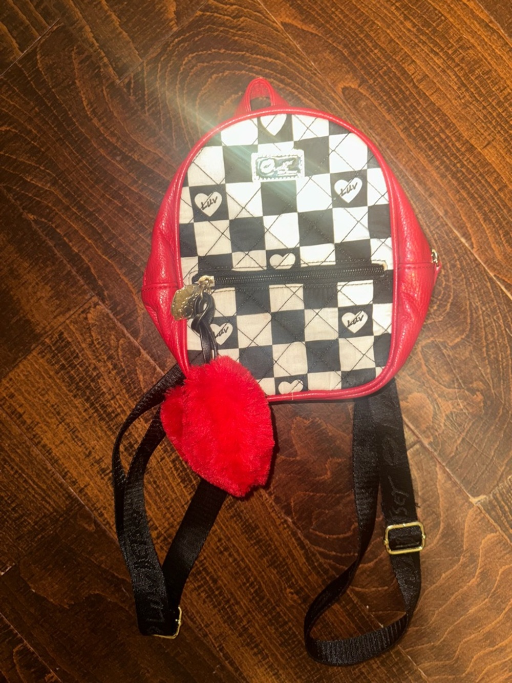 Betsey Johnson  Red Checkerboard Mini Backpack with Heart Keychain